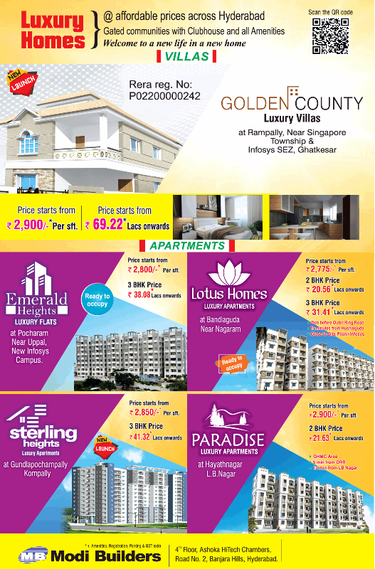 Presenting luxury home at  affordable prices across Hyderabad
